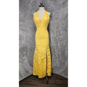 Glam Gurlz Yellow Beaded Halter Neck Backless Formal Prom Gown Dress Size 2 Y2k